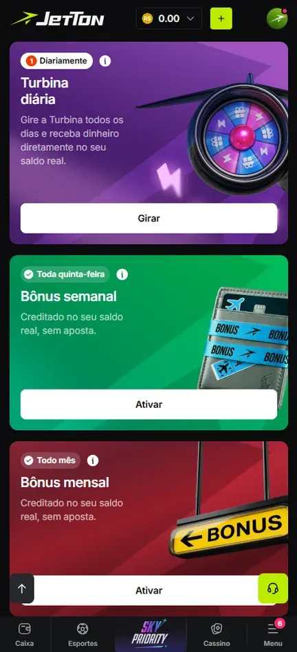 Cartões Turbina diária, Bônus semanal e Bônus mensal da Jetton, com os botões Girar e Ativar e a barra inferior com Caixa, Esportes, Sky Priority, Cassino e Menu