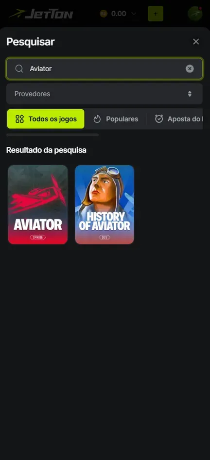 Painel Pesquisar com “Aviator” digitado e duas capas: Aviator, da Spribe, e History of Aviator
