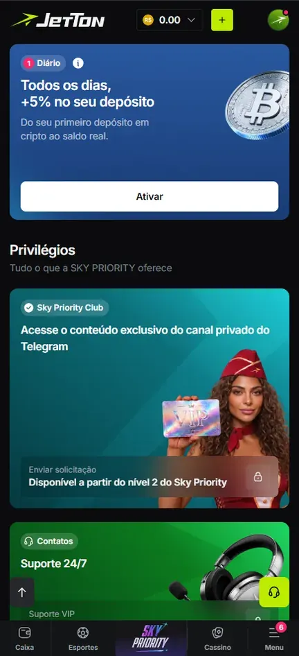 Tela da Jetton com o card diário de +5% no depósito em cripto e a área Privilégios, onde o Sky Priority Club anuncia conteúdo exclusivo do canal privado do Telegram, disponível a partir do nível 2