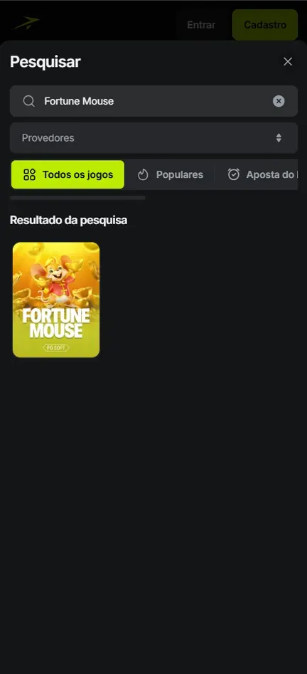 Painel Pesquisar com “Fortune Mouse” digitado, botões Entrar e Cadastro no topo e a capa amarela do ratinho da PG Soft