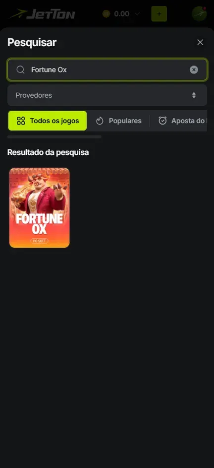 Pesquisa da Jetton com Fortune Ox digitado e uma única capa, da PG Soft