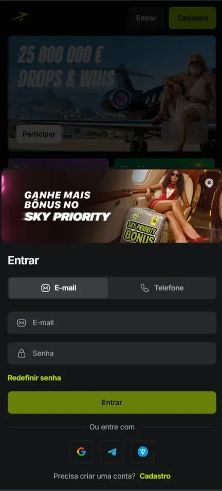 Tela Entrar da Jetton com abas E-mail e Telefone, campos E-mail e Senha, link Redefinir senha e botões Google, Telegram e TON