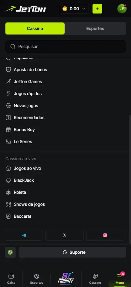 Menu da Jetton rolado até Cassino ao vivo, com Jogos ao vivo, BlackJack, Roleta, Shows de jogos e Baccarat, seguidos de três ícones de redes sociais e do botão Suporte