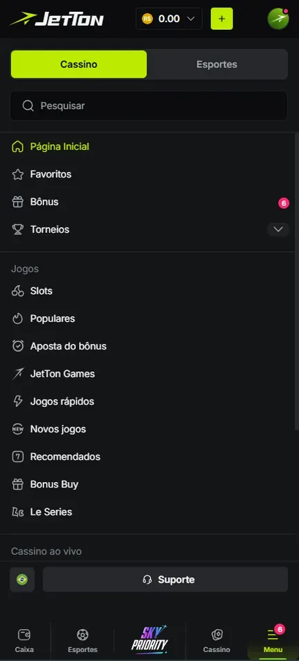 Menu da Jetton com Página inicial, Favoritos, Bônus com contador 6, Torneios, a lista de jogos e o botão Suporte no rodapé