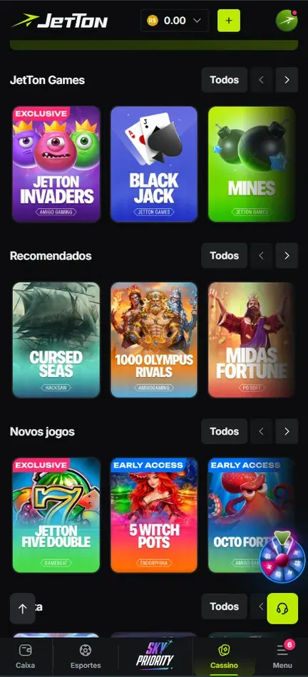Faixas JetTon Games, Recomendados e Novos jogos no lobby da Jetton, com capas marcadas Exclusive e Early Access