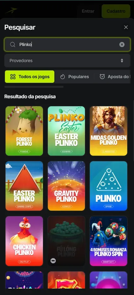 Busca da Jetton sem login com Plinko digitado e muitas capas de estúdios diferentes, uma delas acinzentada