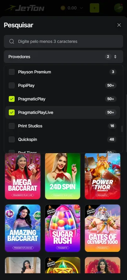 Busca da Jetton com o filtro Provedores aberto, PragmaticPlay e PragmaticPlayLive marcados e capas de Mega Baccarat, Sugar Rush e Gates of Olympus 1000