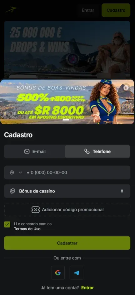Tela Cadastro da Jetton na aba Telefone, com o banner 500% + 400 giros grátis ou até R$ 8000 em apostas esportivas e o seletor Bônus de cassino