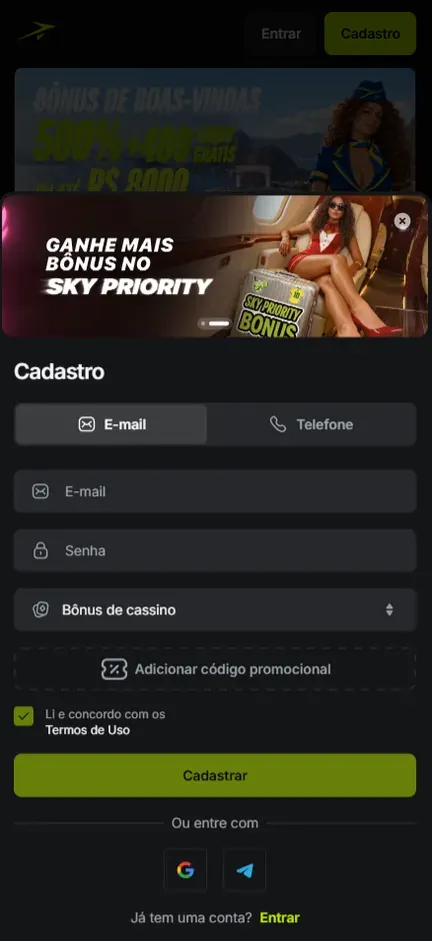 Formulário Cadastro da Jetton na aba E-mail, com campos E-mail e Senha, seletor Bônus de cassino, botão pontilhado Adicionar código promocional, caixa dos Termos de Uso já marcada e ícones de Google e Telegram