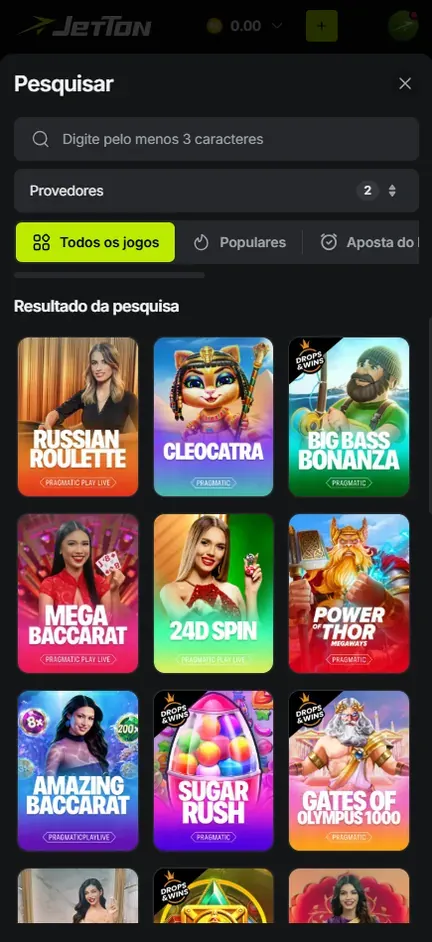 Resultado da busca da Jetton com dois provedores no filtro e capas de Big Bass Bonanza, Sugar Rush, Gates of Olympus 1000, Mega Baccarat e Russian Roulette