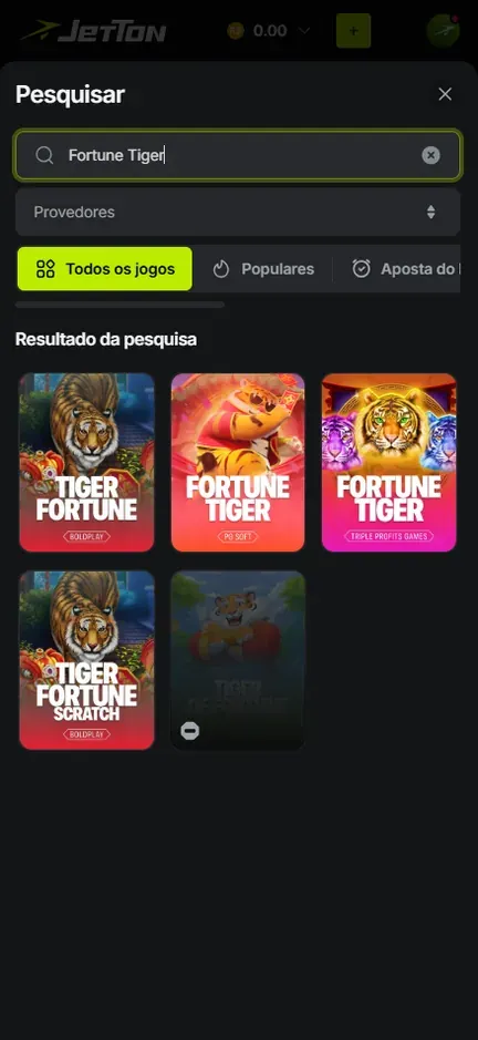 Busca Pesquisar da Jetton com Fortune Tiger digitado, filtro Provedores e resultados Tiger Fortune, Fortune Tiger da PG Soft, Fortune Tiger da Triple Profits Games e Tiger Fortune Scratch