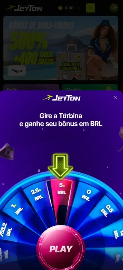 Pop-up Gire a Turbina e ganhe seu bônus em BRL, com roda de prêmios, seta sobre a casa de 5k BRL e botão Play