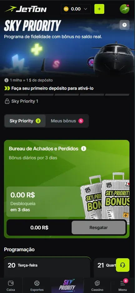 Tela Sky Priority da Jetton com a regra 1 milha = 1 $ de depósito, o nível Sky Priority 1 com cadeado e as abas Sky Priority e Meus bônus