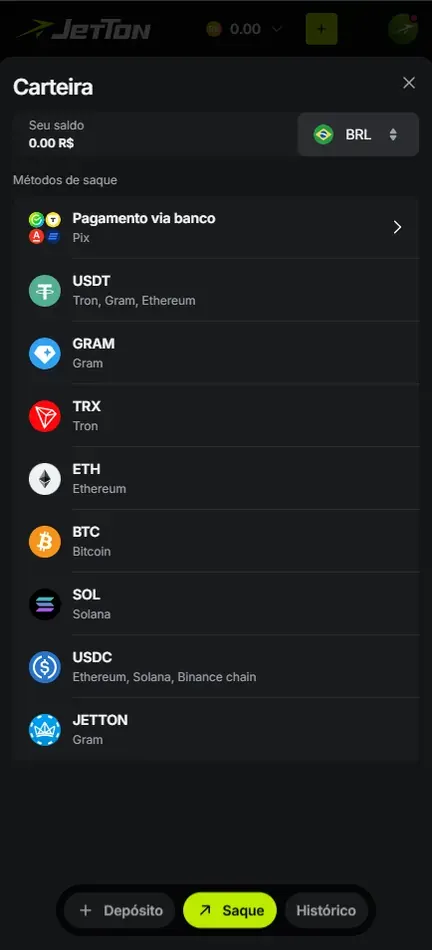 Carteira da Jetton na aba Saque, com saldo em R$, seletor BRL, Pagamento via banco (Pix) no topo, criptomoedas abaixo e botões Depósito, Saque e Histórico no rodapé